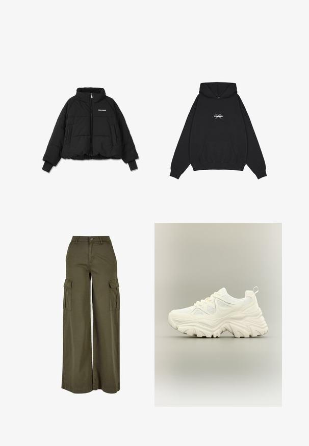 Schwarze, verkürzte Steppjacke mit hohem Kragen, Frontreißverschluss und zwei seitlichen Taschen; mit Rippbündchen und einem Markenlogo auf der Brust.; Pegador BELLY OVERSIZED HOODIE - Kapuzenpullover - washed black; Olivgrüne, weite Cargo-Hosen mit zwei Seitentaschen, aus einem weichen, langlebigen Stoff. Mit detaillierter Stickerei und Knopfverschluss.; Weißer klobiger Sneaker mit dicker strukturierter Sohle, Mesh-Einsätzen, Schnürung vorne und Zuglasche an der Ferse auf neutralem Hintergrund.