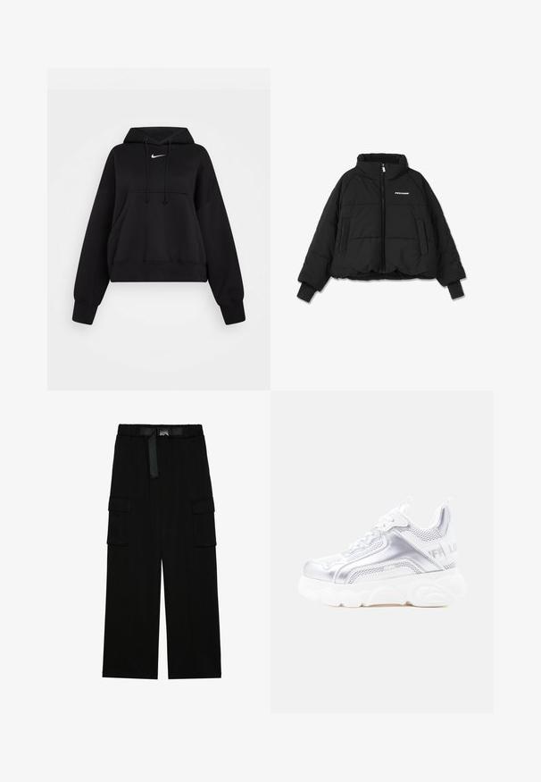 Black cropped puffer jacket with a high collar, front zip, and dual side pockets; features ribbed cuffs and a branded logo on the chest.; Black cropped hoodie made of soft fabric, featuring a drawstring hood, front kangaroo pocket, and a small white Nike logo on the chest.; Black cargo pants featuring a wide-leg design, elastic waistband with a belt, and two large side pockets for storage.; White and silver chunky sneaker with thick textured sole, mesh and synthetic panels, rounded toe, and pull tab on the heel.