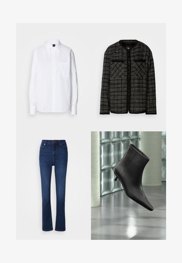 Veste en tweed noir et blanc avec un col rond, deux poches avant et un motif à carreaux texturé. Design à ouverture frontale avec des manches longues.; Chemise blanche à boutons, en coton, avec un col classique, des manches longues, une poche poitrine et une texture lisse et structurée.; Jean en denim bleu foncé avec une taille haute. Présente un style classique à cinq poches et une légère évasement en bas.; Bottine en cuir noir avec bout pointu et petit talon, présentée devant un mur en blocs de verre et un sol poli.