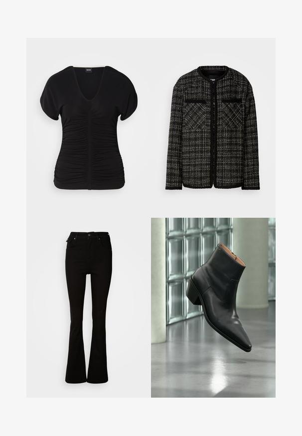 Veste en tweed noir et blanc avec un col rond, deux poches avant et un motif à carreaux texturé. Design à ouverture frontale avec des manches longues.; Haut noir à manches courtes avec un décolleté en V et une texture froncée sur le devant, fabriqué en tissu extensible. Il présente un ourlet droit.; Jean noir évasé en denim, avec une taille haute, des poches avant, et un design classique à cinq poches avec des accents en métal.; Bottine en cuir noir avec un bout pointu et un talon carré lévitant au-dessus d'un sol gris réfléchissant près d'un mur en blocs de verre.