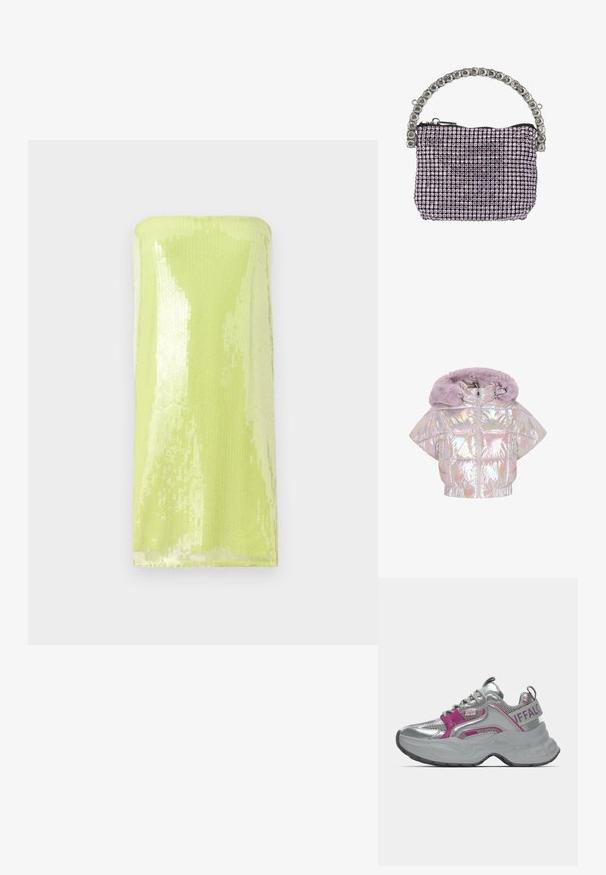 Holografisk cropped pufferjakke med en lilla imiteret pelshette, lynlås og diamantquiltet mønster. Korte ærmer og elastisk kant.; Skinnende, limegrøn strapless top dækket af palietter. Glat tekstur med et fitted, rørformet design og en lige halsudskæring.; Kraftig sølvfarvet sneaker med lyserøde accenter, meshpaneler, tyk sål og "Buffalo"-brand på hælstrop og side.; Lille rektangulær aften taske dækket af lilla rhinsten med et sølvfarvet håndtag besat med rhinsten og sort lynlåslukning.