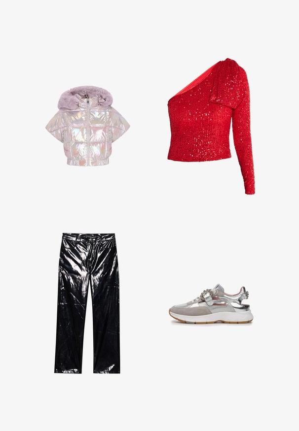Holografische kurze Steppjacke mit fliederfarbenem Kunstpelzkapuzen, Reißverschluss und diamantförmigem Steppmuster. Kurzärmlig mit elastischem Saum.; Rotes Paillettentop mit asymmetrischem Ausschnitt, einem langen Ärmel und figurbetontem Schnitt mit strukturierten Verzierungen.; Schwarze, hochglänzende, Kunstlederhosen mit weitem Bein, klassischem Fünf-Taschen-Design, Knopf- und Reißverschluss sowie glänzender Textur.; Silberner und grauer Sneaker mit einer Mischung aus metallischen, Mesh- und Wildledermaterialien. Das Design umfasst einen einzigartigen Riemen mit dekorativer Hardware.