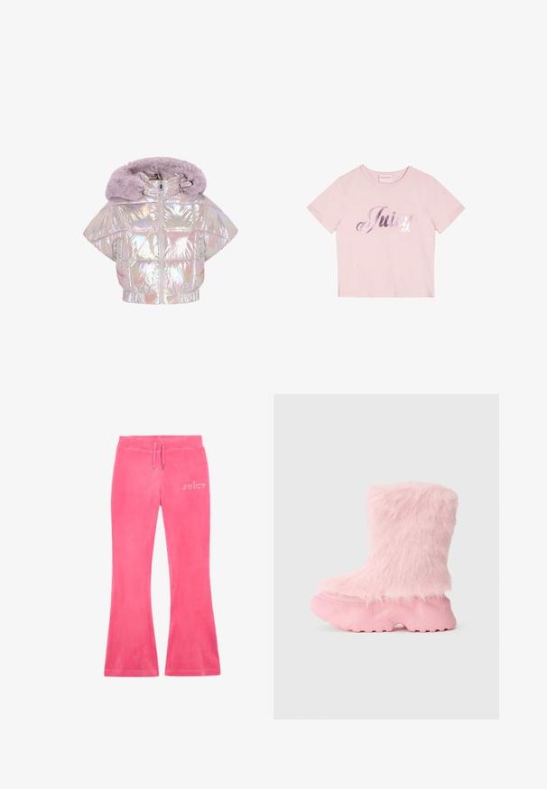 Holografisch cropped pufferjack met een lila faux fur capuchon, ritssluiting en diamantstiksels. Korte mouwen en elastische zoom.; Roze t-shirt met korte mouwen, gemaakt van katoen, met een metalen zilveren tekst "Juicy" op de voorkant. Eenvoudig ontwerp met ronde hals.; Roze uitlopende trainingsbroek van zacht materiaal met een trekkoord in de taille en een strass "JUICY" logo op de linkse heup.; Robuuste roze laars met een gestructureerde zool en een zachte, fluffige nepbont die de gehele bovenkant bedekt.