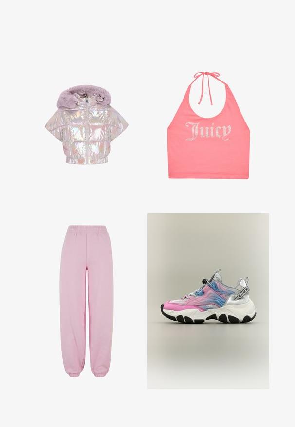 Veste matelassée holographique courte avec capuche en fausse fourrure lilas, fermeture éclair et motif matelassé en losanges. Manches courtes et ourlet élastique.; Top dos nu rose avec lien au cou et lettrage en strass épelant "Juicy" sur le devant.; Urban Classics Pantalon de survêtement - softpink; Baskets épaisses avec des panneaux dégradés rose et bleu, mesh blanc, accents noirs sur la semelle, et marquage "Buffalo" sur le côté et la bride du talon.