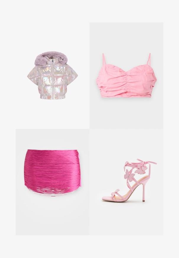 Holografisk cropped pufferjakke med en lilla imiteret pelshette, lynlås og diamantquiltet mønster. Korte ærmer og elastisk kant.; Lyserød rucheret cropped top med tynde stropper, der har en sweetheart-udskæring og en glat tekstur. Ingen udsmykninger eller mønstre.; Lyserød plisseret stof med horisontale linjer, rund form og kontrastfyldt glansfuld kant. Tekstureret med livlig farve og glat finish.; Lyserøde højhælede sandaler med sommerfugle pynt, lavet af glat materiale. Har tynde stropper og en slank hæl.