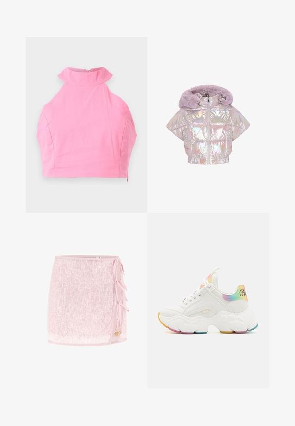Veste matelassée holographique courte avec capuche en fausse fourrure lilas, fermeture éclair et motif matelassé en losanges. Manches courtes et ourlet élastique.; Top court rose avec un col froncé haut, texture lisse et fermeture à glissière à l'arrière. Coupe ajustée sans motifs ou accents supplémentaires.; Mini-jupe rose clair à sequins avec liens sur les côtés et petits charms dorés en forme de coquillage et de croissant de lune sur fond blanc.; Baskets blanches épaisses avec des accents arc-en-ciel au talon et à la languette, semelle épaisse texturée avec des grips multicolores, et fermeture à lacets.
