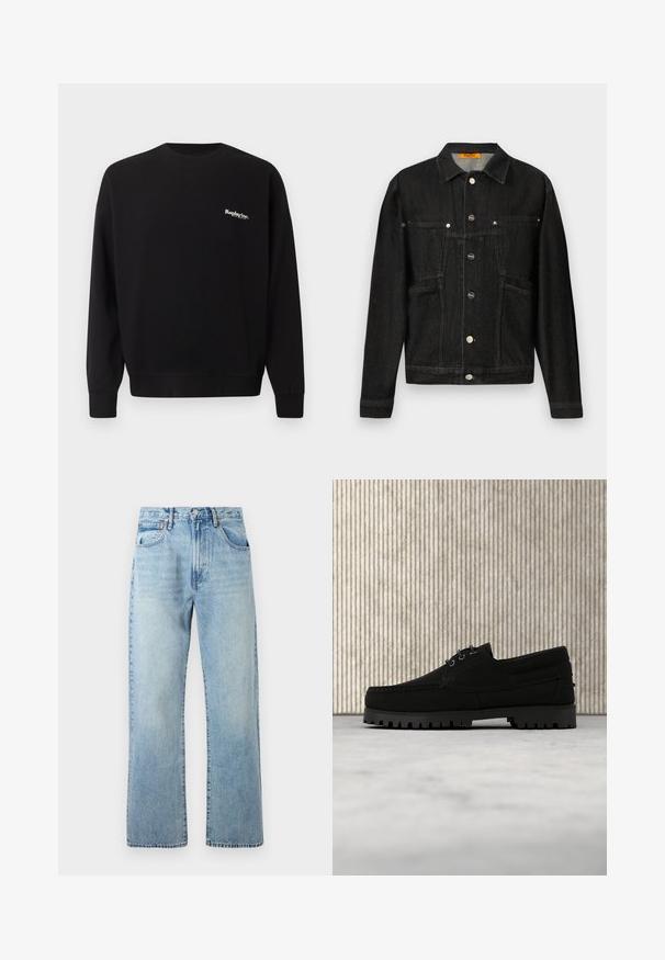 Chaqueta de mezclilla negra con cuello shirt, dos bolsillos en el pecho y cierre de botones. Confeccionada con una suave tela texturizada y un corte clásico.; Replay Inc. Sudadera - black; Jeans de mezclilla azul claro con piernas anchas y rectas, diseño de cinco bolsillos y una cintura con trabillas para cinturón. La tela presenta una textura ligeramente deslavada.; Zapato negro de cordones con suela gruesa y acanalada flotando sobre una alfombra beige, mesa redonda moderna de color marrón en un fondo de habitación con luz suave.
