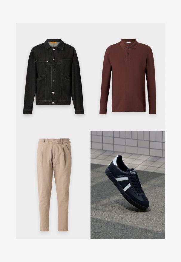 Sort denimjakke med kravehals, to brystlommer og knaplukninger. Lavet af blødt, tekstureret stof med en klassisk form.; Brun langærmet polo trøje i struktureret stof, med tre-knap lukning og klassisk krave. Ingen synlige logoer eller mønstre.; Beige bomuldsbukser med afslappet pasform, elastisk talje, knaplukning og sidelommer. Glat tekstur, tapered ben design.; Sort lædersneaker med hvide striber, tekstureret gummisål og snørrebånd foran. Har et brandet mærke på tungen.