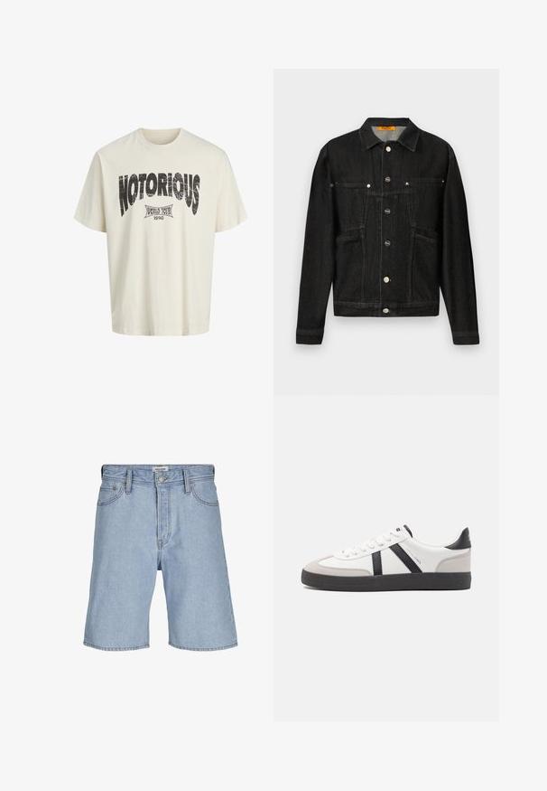 Schwarze Jeansjacke mit Kragen, zwei Brusttaschen und Knopfverschluss. Hergestellt aus weichem, strukturiertem Stoff mit klassischer Passform.; Weißes Baumwoll-T-Shirt mit kurzen Ärmeln, das eine auffällige schwarze "NOTORIOUS" Grafik und das Design "WORLD TOUR 1990" darunter in verwittertem Druck zeigt.; Hellblaue Denim-Shorts mit Fronttaschen, Gürtelschlaufen, Knopfverschluss und einem Etikett mit der Aufschrift „JACK & JONES“ am Bund.; Weiße Sneaker mit schwarz- und grau-aczenten, ausgestattet mit einer strukturierten grauen Zehenkappe, schwarzer Gummi-Sohle und flachen weißen Schnürsenkeln. Sauberes Design, minimalistische Stil.