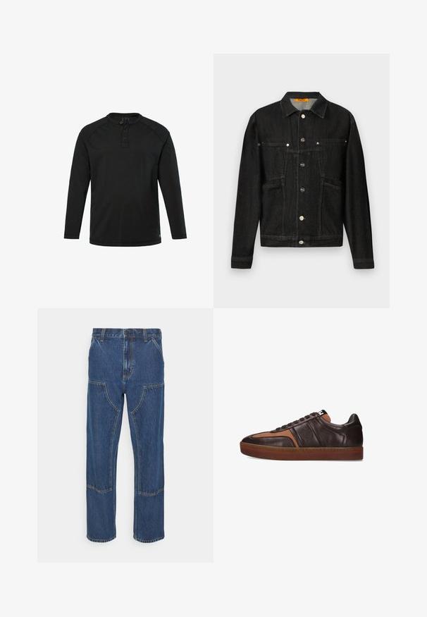 Sort denimjakke med kravehals, to brystlommer og knaplukninger. Lavet af blødt, tekstureret stof med en klassisk form.; Sort langærmet Henley-skjorte med tre knapper og rund halsudskæring, ensfarvet design og lige kant.; Blå denim jeans med lige ben, frontlappelommer og kontrasterende syninger. Stoffet har en klassisk tekstur og finish.; Lave læder sneakers i mørkebrun og tan med snørebånd foran, prægede logo på siden og tyk brun gummisål.