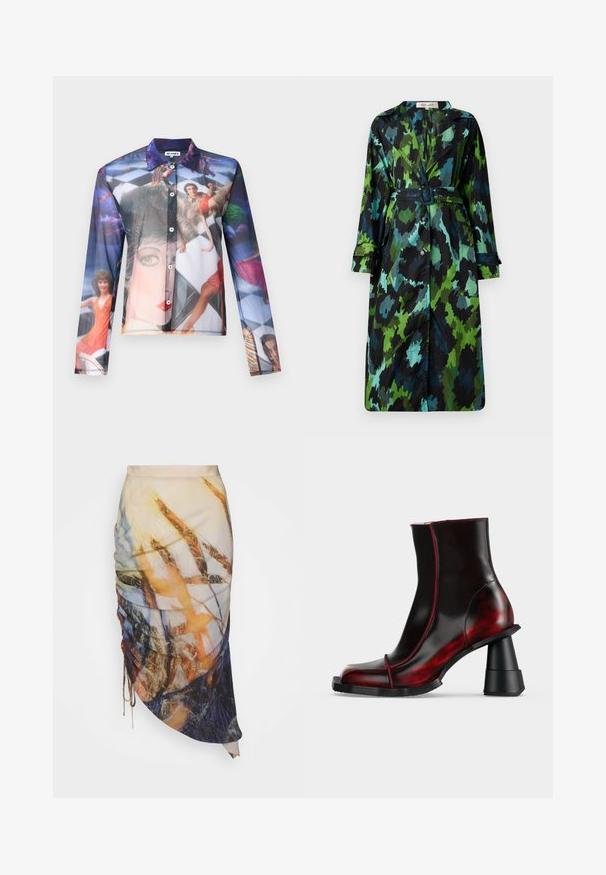 Manteau trench long et léger avec un motif camouflage vert et noir, taille ceinte, fermeture à boutons et coupe décontractée avec de grandes poches.; Chemise transparente à boutons avec une impression photographique colorée de personnes dans des poses dynamiques, dotée d'un col classique et de manches longues.; Materiel DIAGONAL GATHERED SKIRT - Jupe crayon - golden hour; Bottine noire et rouge foncé brillante avec talon épais géométrique et bout carré, présentée sur un fond clair uni.