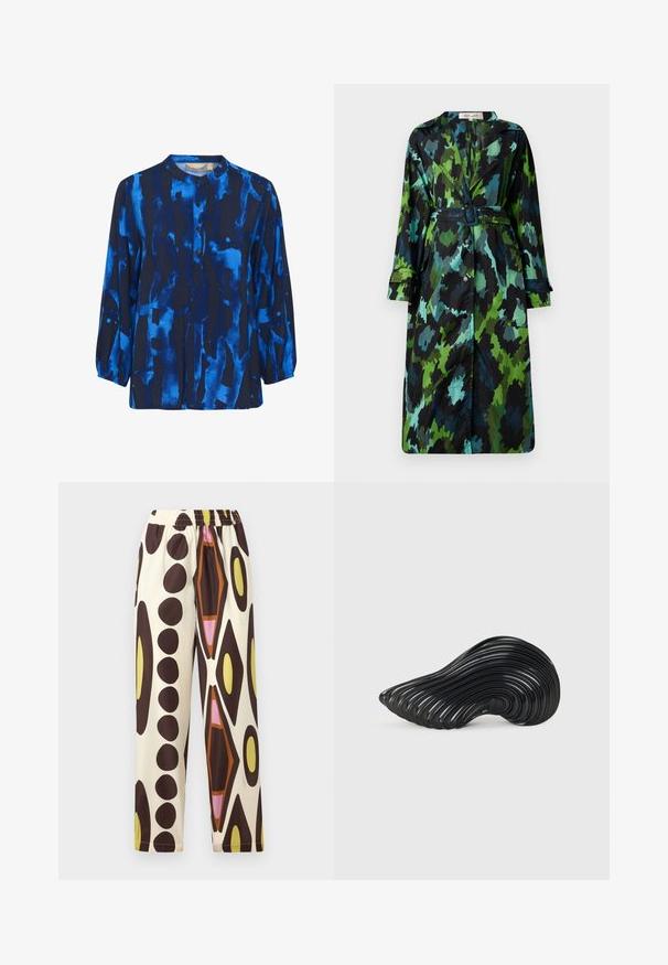Abrigo trench largo y ligero con un patrón de camuflaje verde y negro, cintura ceñida con cinturón, cierre de botones y un ajuste relajado con grandes bolsillos.; Blusa de manga larga en azul oscuro con patrones abstractos en azul claro, cuello redondo y cierre de botones, hecha de una tela suave con una textura lisa.; Pantalones con cintura elástica en tejido ligero, con un fondo crema y grandes patrones geométricos en marrón, amarillo, rosa y naranja.; Melissa QUANTUM - Zapatillas - black