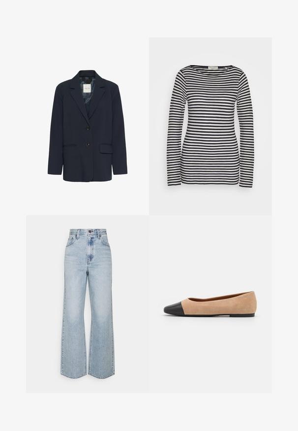 Marineblå women's blazer med notch revers, to sorte knapper, én brystlomme og én klaplomme, vist på en hvid baggrund.; Langærmet top i bomuld med vandrette marineblå og hvide striber, rund hals, slank pasform, med en glat tekstur og minimalistisk design.; Lysblå denim brede ben jeans med høj talje, klassisk fem-lomme design og kontrasterende syninger. Uslebne kanter i bunden.; Beige ruskind balletflade med en sort læder rund tåkap, lav hæl og glat tekstur, der har minimal syning og et enkelt design.