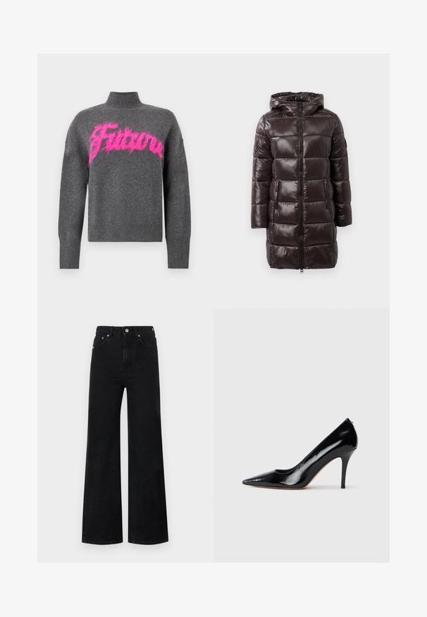 Manteau en duvet marron avec une finition brillante, capuche, fermeture éclair à l'avant et poches latérales. Il présente des sections matelassées horizontales pour l'isolation.; Pull gris tricoté avec un col montant, arborant un motif de mot rose duveteux. Il possède des poignets et un ourlet côtelés pour une texture supplémentaire.; Red Bull Racing x Pepe Jeans STRAIGHT FIT - Wide Leg - blue denim; Escarpin à talon haut en cuir verni noir avec un bout pointu, présentant une texture lisse et un talon aiguille mince. Aucun accessoire visible.