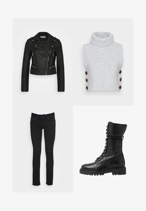 Sort faux læder bikerjakke med sølv hardware, der har lynlåslommer, en foldet krave og ribbede detaljer ved taljen.; Grå ribbet turtleneck cropped sweater med en tekstureret overflade, præget af brune knapper på venstre side som detalje.; Sorte slim-fit jeans med frontknap, lynlås, bæltestropper og for- samt baglommer mod hvid baggrund.; Sorte læder kampstøvler med en struktureret overflade, knæhøjt design, snørebånd foran og en kraftig gummisål med rillemønster.