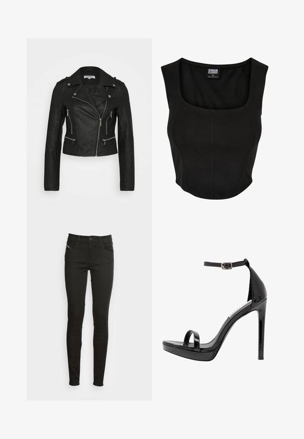 Chaqueta de moto de piel sintética negra con herrajes plateados, que presenta bolsillos con cremallera, un cuello doblado y acentos acanalados en la cintura.; Top corto negro de tirantes con escote redondeado, hecho de una tela suave y elástica. Presenta un diseño ajustado y costuras mínimas.; Jeans ajustados negros con bolsillos frontales, pasadores para cinturón, cierre de botón y cremallera, mostrados sobre un fondo blanco.; Steve Madden MILANO - Sandalias de tacón - black