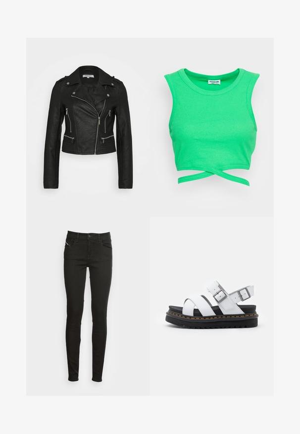 Zwarte neplederen motorjack met zilveren hardware, voorzien van ritszakken, een opstaande kraag en geribbelde accenten op de taille.; Groene geribbelde crop top met een mouwloze uitstraling en een ronde halslijn. Voorzien van een wikkelstijl sluiting bij de taille. Textuurstof.; Zwarte slim-fit jeans met voorzakken, riemlussen, knoopsluiting en rits, weergegeven tegen een witte achtergrond.; Witte leren sandalen met verstelbare gespsluitingen, gelaagde zwarte plateauzool en oranje stiksel langs de rand.