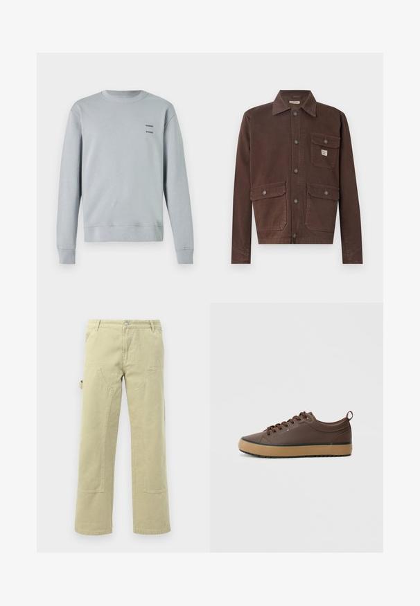 Brun, langærmet jakke lavet af slidstærkt stof. Den har en krave, knaplukning foran og to brystlommer med klap. Glat tekstur.; Lys grå sweatshirt lavet af blødt stof, med rund halsudskæring, ribbede manchetter og kant, samt to sorte "SAMSØE" logoer på brystet.; Beige bomulds vide bukser med for- og sidelommer, der har panel-syninger og en bæltestrop i taljen.; Brune syntetisk sneakers med lav profil, rund tå, gummisål og kontrasterende tan ydersål. Har brune snørebånd og brandingdetalje.