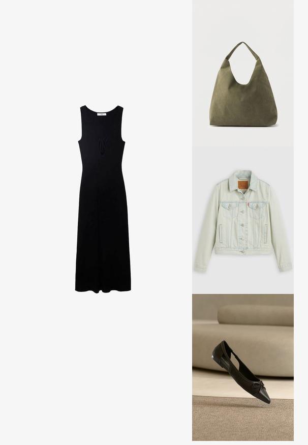 Lichtblauwe spijkerjack met een klassiek ontwerp, voorzien van borstzakken, metalen knopen en een Levi's-label. Zachte textuur, gestructureerde pasvorm.; Zwarte mouwloze jurk met een V-hals, voorzien van een strikdetail aan de voorkant en een vloeiende, A-lijn silhouet. Gemaakt van een gladde stof.; Zwarte platte puntige schoen met een klein strikdetail, getoond boven een beige tapijt en voor een beige bank.; Schoudertas van zacht leer in olijfgroen met een brede, enkele band en een ontspannen, ongestructureerde vorm op een lichte achtergrond.