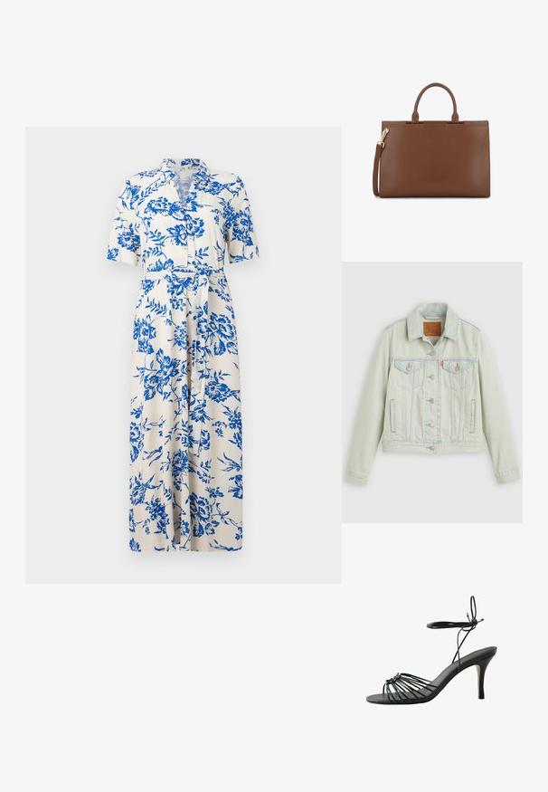 Lichtblauwe spijkerjack met een klassiek ontwerp, voorzien van borstzakken, metalen knopen en een Levi's-label. Zachte textuur, gestructureerde pasvorm.; Witte midi-jurk met blauwe bloemenprint, korte mouwen, kraag, knoopsluiting aan de voorkant en een strikceintuur in de taille.; Zwarte sandal met hoge hakken, dunne enkelbandjes en een naaldhak van middelhoogte op een witte achtergrond.; Bruine rechthoekige leren handtas met twee handvatten en een afneembare schouderriem met gouden sluiting op witte achtergrond.