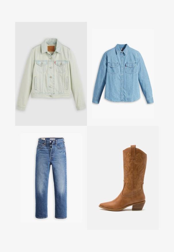 Chaqueta de mezclilla azul claro con un diseño clásico, que presenta bolsillos en el pecho, botones metálicos y una etiqueta de Levi's. Textura suave y ajuste estructurado.; Camisa de mezclilla azul claro con mangas largas, cuello puntiagudo, dos bolsillos en el pecho, botonera y una textura sutil. Sin patrones visibles.; Vaqueros de mezclilla azul con cintura alta, diseño de pierna recta y áreas desgastadas. Presentan bolsillos frontales y herrajes de metal.; Bota de vaquero de cuero marrón claro con punta afilada, patrones de espiral bordados en el tubo y un tacón bloque apilado. Cuenta con una pestaña de agarre para facilitar su uso.