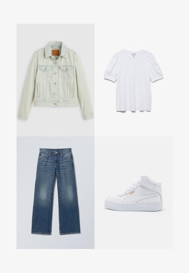 Svetlomodrá rifľová bunda s klasickým dizajnom, vybavená náprsnými vreckami, kovovými gombíkmi a štítkom Levi's. Mäkká textúra, štruktúrovaný strih.; Biela krátka blúzka s okrúhlym výstrihom a vypchávanými rukávmi. Vyrobená z hladkej tkaniny, s etiketou označenou "AWARE."; Modré denimové rifle s rovnými nohavicami, piatimi vreckami, pútkami na opasok, zapínaním na gombík a vyblednutými detailmi na predných stehnách.; Biele vysoké tenisky s hladkým koženým zvrškom, plochými šnúrkami, polstrovaným golierom a textúrovanou gumovou podrážkou s logovými akcentmi.