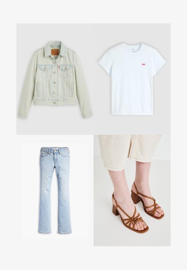 Lyseblå denimjakke med klassisk design, der har brystlommer, metalknapper og et Levi's-mærke. Blød tekstur, struktureret pasform.; Lyseblå bomulds-T-shirt med korte ærmer og rund halsudskæring. Har et lille rødt Levi's-logo på venstre bryst.; Lysblå denimjeans med en tætsiddende talje, frontknap og lynlås, front- og baglommer samt let flagrende ben.; Brune sandaler med høje hæle og stropper, der har en kraftig hæl. De har knyttede stropper og et åbent tådesign. Tekstureret sål og justerbar ankelstrop.