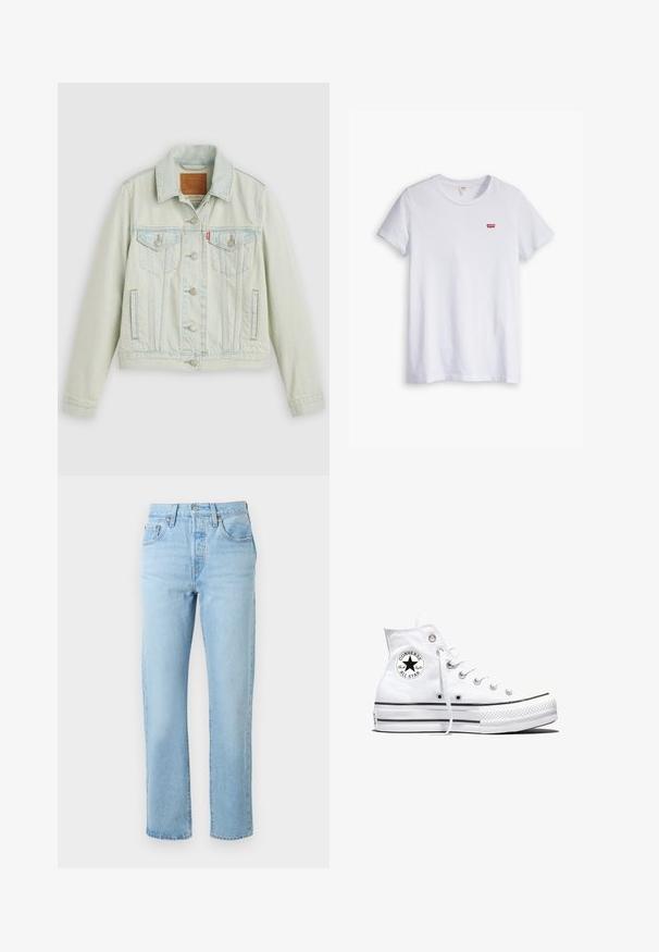 Chaqueta de mezclilla azul claro con un diseño clásico, que presenta bolsillos en el pecho, botones metálicos y una etiqueta de Levi's. Textura suave y ajuste estructurado.; Camiseta de algodón blanca de manga corta y escote redondo. Presenta un pequeño logo rojo de Levi's en la zona del pecho izquierdo.; Vaqueros azul claro de talle alto y pierna recta con bolsillos delanteros y traseros, trabillas para el cinturón y cierre de botón.; Zapatilla blanca de caña alta Converse Chuck Taylor All Star con parche de logo negro y cordones blancos, presentada sobre fondo blanco.