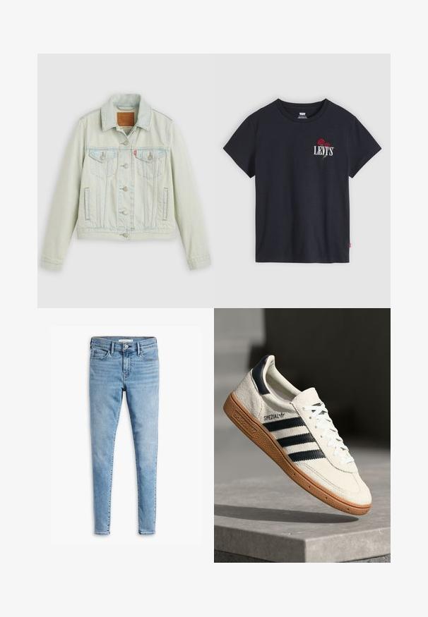 Hellblaue Jeansjacke mit klassischem Design, ausgestattet mit Brusttaschen, Metallknöpfen und einem Levi's-Label. Weiche Textur, strukturierte Passform.; Schwarzes T-Shirt mit kurzen Ärmeln und Rundhalsausschnitt, mit weißem „"LEVI'S"“-Text und zwei roten Rosen, die auf der linken Brust gestickt sind.; Hellblaue superenge Jeans mit Knopf- und Reißverschluss vorne, Gürtelschlaufen und Design mit fünf Taschen.; Weiße Wildleder-Sneaker mit marineblauen Streifen, Gummisohle, strukturiertem Obermaterial, runder Zehenform und Schnürung; mit Branding an der Seite und auf der Zunge.