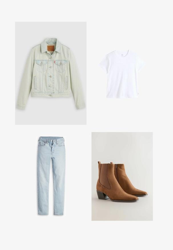 Lyseblå denimjakke med klassisk design, der har brystlommer, metalknapper og et Levi's-mærke. Blød tekstur, struktureret pasform.; Hvid bomuld t-shirt med korte ærmer, rund halsudskæring og lige kant. Har en lille rød logoetiket på nederste venstre side.; Lyseblå denimjeans med høj talje, fem-lomme design, knaplukning og lige ben. Har subtilt slid og en tekstureret finish.; Brune ruskind ankelstøvler med spids tå, elastiske sidestykker og en lav stablet hæl. Har en lynlås på den ene side.