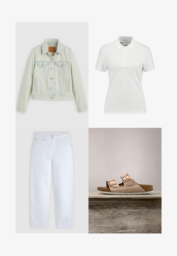Lichtblauwe spijkerjack met een klassiek ontwerp, voorzien van borstzakken, metalen knopen en een Levi's-label. Zachte textuur, gestructureerde pasvorm.; Witte polo met een gestructureerde katoenen stof, voorzien van een klassieke kraag, een knoopsluiting met drie knopen en een klein Lacoste-logo op de borst.; Witte recht gesneden jeans met vijf zakken, metalen klinknagels en een knoopsluiting in de taille.; Roze-gouden slidersandalen met twee verstelbare metalen gespen, kurken voetbed en witte rubberen zool. Gladde metalen afwerking, open teen ontwerp.