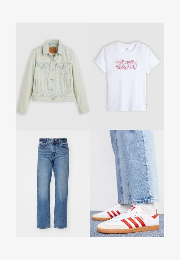 Lichtblauwe spijkerjack met een klassiek ontwerp, voorzien van borstzakken, metalen knopen en een Levi's-label. Zachte textuur, gestructureerde pasvorm.; Witte katoenen T-shirt met een bloemenprint "Levi's" logo in roze, korte mouwen en een ronde hals. Soepele textuur, eenvoudige pasvorm.; Lichtblauwe rechte jeans gemaakt van denim. Bevat vijf zakken, een klassieke knoopsluiting en subtiele fading door de stof.; Witte leren sneakers met rode strepen en accenten. Voorzien van een getextureerde gumrubberen outsole en een gevoerde kraag. Draag ze met lichtblauwe denim.