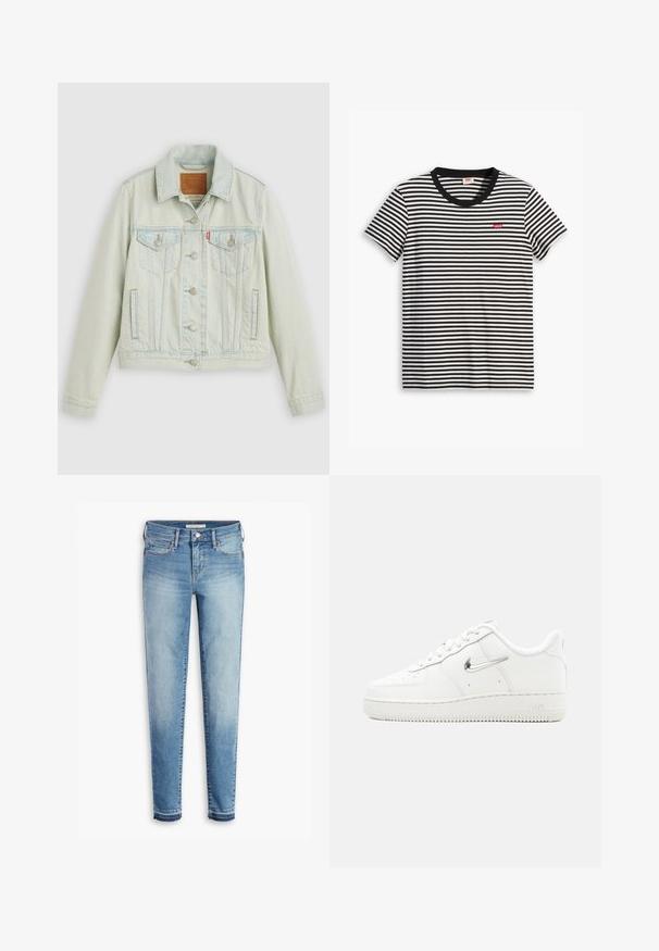 Lichtblauwe spijkerjack met een klassiek ontwerp, voorzien van borstzakken, metalen knopen en een Levi's-label. Zachte textuur, gestructureerde pasvorm.; Zwart-wit gestreepte T-shirt van katoen. Heeft een ronde halslijn en een klein rood Levi's-logo op de borst. Korte mouwen.; Lichtblauwe denim jeans met een slim fit, vijf-pocket design, contrasterende stiksels en een licht rafelige zoom bij de enkels.; Witte Nike Air Force 1 sneaker met metallic zilveren swoosh-logo, veters aan de voorkant, geperforeerde neus en textuurrubberzool.