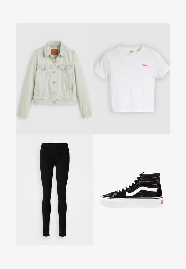 Veste en denim bleu clair au design classique, avec poches poitrine, boutons en métal et étiquette Levi's. Texture douce, coupe structurée.; T-shirt blanc à manches courtes avec col rond et petit logo rouge Levi's sur la poitrine gauche.; Pantalons slim fit noirs avec fermeture à bouton, passants de ceinture et poches avant, présentés sur un fond clair et uni.; Baskets montantes noires avec des lacets blancs, un logo blanc et des coutures blanches contrastées. Dotées d'une épaisse semelle blanche et d'un dessus en daim texturé.