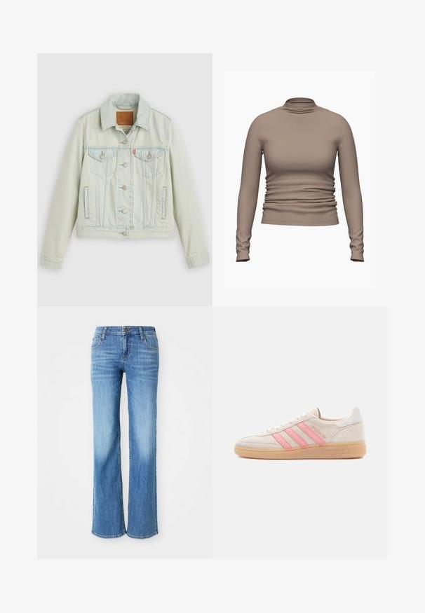 Vaaleansininen farkkutakki klassisella designilla, jossa on rintataskut, metalliset napit ja Levi'sin merkki. Pehmeä rakenne, ryhdikäs istuvuus.; Pitkähihainen, korkeakauluksinen paita tasaisessa vaaleanruskeassa värissä. Käyristys yksityiskohtia vyötäröllä ja sileä pinta. Pehmeä kangas.; Vaaleansiniset farkut, joissa on suora lahje, viisi taskua ja klassinen napitus, sekä merkkitagilla varustettu vyötärönauha.; Beigenvärinen mokkanahkainen tennari, jossa vaaleanpunaiset kolme raitaa sivulla. Pohja on teksturoitua kumia ja takaosassa valkoinen korostus. Minimalistinen muotoilu.