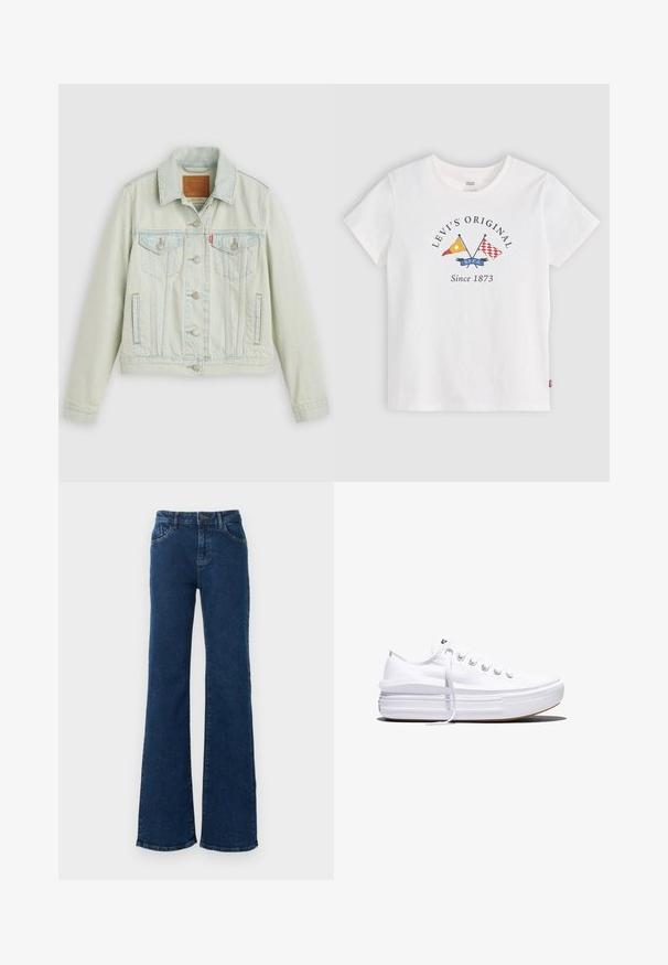 Lyseblå denimjakke med klassisk design, der har brystlommer, metalknapper og et Levi's-mærke. Blød tekstur, struktureret pasform.; Hvid Levi's T-shirt med korte ærmer med korsede gule og røde flag og teksten "Levi's Original Since 1873" på frontens midte.; Mørkeblå jeans med høj talje, vidde ben, knaplukning foran, lynlås og lommer foran og bagpå.; Hvid lavt snørestøvle med tyk plateau-sål, snørelukning foran og gummiforstærket tåkap, set i sideprofil.