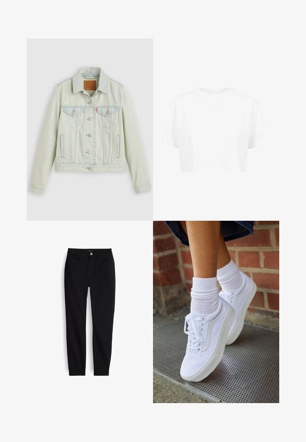 Lichtblauwe spijkerjack met een klassiek ontwerp, voorzien van borstzakken, metalen knopen en een Levi's-label. Zachte textuur, gestructureerde pasvorm.; Witte cropped t-shirt, korte mouwen, ronde halslijn, gemaakt van gladde stof, zonder zichtbare patronen of opvallende hardware.; Zwarte slim-fit spijkerbroek met knopen en rits aan de voorkant, vijf zakken en ceintuurlussen, plat gelegd op een witte achtergrond.; Witte canvas sneakers met rubberen zolen, voorzien van zes vetertjes, een ronde neus en lichte stikdetails, gecombineerd met witte enkelsokken.