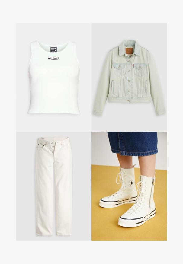 Hellblaue Jeansjacke mit klassischem Design, ausgestattet mit Brusttaschen, Metallknöpfen und einem Levi's-Label. Weiche Textur, strukturierte Passform.; Weißes, geripptes Croptop mit Rundhalsausschnitt und schwarzem "Von Dutch"-Logo in der Mitte. Hergestellt aus einem dehnbaren Baumwoll-Mischgewebe.; Weiße, hoch taillierte Jeans mit geradem Bein, Knopfleiste, Vorder- und Gesäßtaschen sowie sichtbaren Kupfernieten an den Taschenecken.; Weiße High-Top-Sneaker mit Reißverschluss, Schnürdesign und schwarzen Streifenakzenten auf einer dicken Sohle. Texturiertes Canvas-Material.