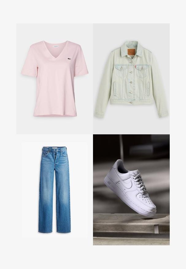 Chaqueta de mezclilla azul claro con un diseño clásico, que presenta bolsillos en el pecho, botones metálicos y una etiqueta de Levi's. Textura suave y ajuste estructurado.; Camiseta de algodón rosa claro con cuello en V y mangas cortas, que presenta un pequeño logo de cocodrilo bordado en verde en el lado izquierdo del pecho.; Vaqueros de mezclilla azul con una cintura alta, diseño de pierna ancha y estilo de cinco bolsillos. Presenta una cremallera de botón y un acabado deslavado.; Zapatilla Nike Air Force 1 blanca levitando sobre una superficie de hormigón con sombras en un entorno minimalista.