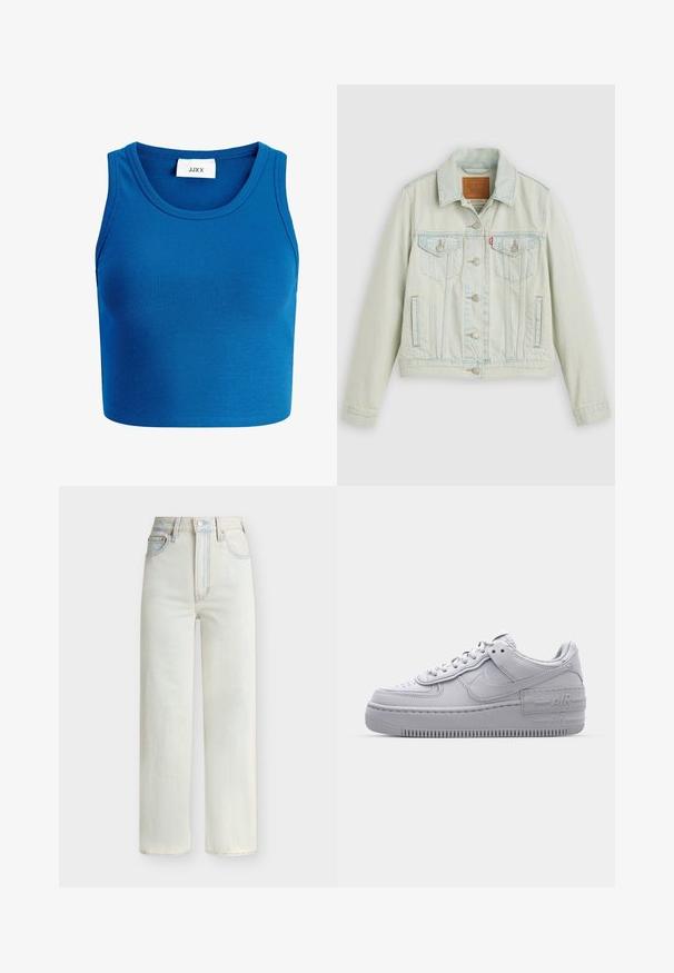 Lichtblauwe spijkerjack met een klassiek ontwerp, voorzien van borstzakken, metalen knopen en een Levi's-label. Zachte textuur, gestructureerde pasvorm.; Blauwe geribde crop top met brede halslijn, zonder mouwen ontwerp, en een label met de tekst "JJXX" in het midden van de halslijn.; Lichtblauwe denim jeans met hoge taille, rechte pijpen, vooraan sluiting met knopen en rits, en een ontwerp met vijf zakken.; Grijze Nike Air Force 1 sneaker met geperforeerde neus, glad leren bovenwerk, dikke zool en verhoogde 'AIR' details op de hiel.