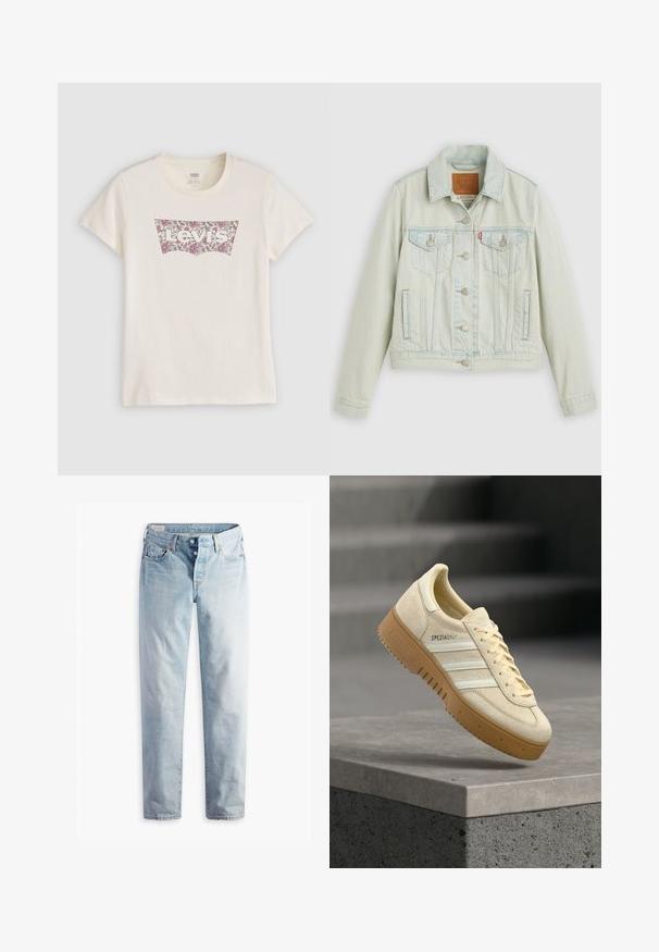 Veste en denim bleu clair au design classique, avec poches poitrine, boutons en métal et étiquette Levi's. Texture douce, coupe structurée.; T-shirt Levi's couleur crème avec un logo à motif floral en violet et blanc sur la poitrine, manches courtes et col rond.; Jean en denim bleu clair avec une coupe droite, cinq poches et des fermetures à boutons métalliques sur une ceinture standard.; Baskets en daim beige avec semelle en gomme, rayures blanches et branding "SPEZIAL", flottant au-dessus d'une surface en béton grise en escalier.