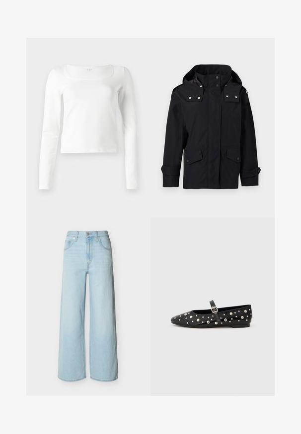 Chaqueta impermeable negra con capucha, botones a presión en la parte delantera, bolsillos con solapa y pestañas ajustables en las mangas sobre un fondo gris claro.; Top blanco de manga larga ajustado con escote cuadrado y longitud ligeramente recortada, exhibido sobre un fondo blanco.; Vaqueros de pierna ancha en azul claro con cierre frontal de botón y cremallera, trabillas para cinturón y diseño clásico de cinco bolsillos.; Zapatos de ballet de piel negra con punta afilada, adornados con tachuelas plateadas y una correa con hebilla lateral. Superficie texturizada con suela plana.