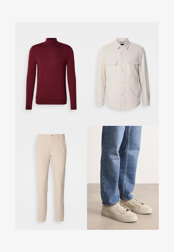 Lys beige knap-op skjorte med lange ærmer, to brystlommer og krave, lavet af blødt stof med en subtil tekstur.; Herre burgundy langærmet rullekravesweater med ribbede manchetter og kant, vist på en enkelt lys grå baggrund.; Beige bukser lavet af blødt stof, med knaplukning, lige snit og sidelommer. Glat tekstur med minimale syninger.; BOSS GARYTENN_SDHDEL - Sneakers - natural ten