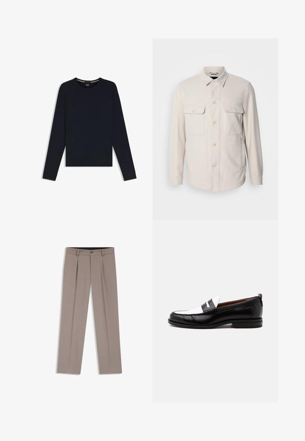 Lys beige knap-op skjorte med lange ærmer, to brystlommer og krave, lavet af blødt stof med en subtil tekstur.; Marineblå langærmet sweatshirt lavet af blødt bomuld, med rund halsudskæring og ribbede manchetter, samt et subtilt logo mærke ved kraven.; Lysebrune herrebukser med bæltestropper, plisseringer, knaplukning foran og lynlås, lagt fladt på en hvid baggrund.; Sort-hvid læderloafer med syning, lav hæl og slip-on design, vist fra siden på en ensfarvet baggrund.