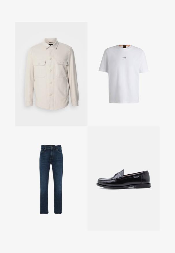 Lys beige knap-op skjorte med lange ærmer, to brystlommer og krave, lavet af blødt stof med en subtil tekstur.; Hvid bomuld T-shirt med korte ærmer, med et sort "BOSS" logo centreret på brystet og en rund halsudskæring.; WE Fashion BLUE RIDGE - Jeans Straight Leg - dark blue; Sorte læderloafer med en blank finish, der har et syet mønster på tåen og en lav, tekstureret sort gummisål.