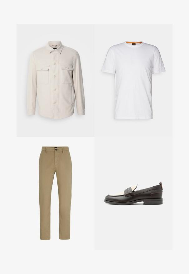 Lys beige knap-op skjorte med lange ærmer, to brystlommer og krave, lavet af blødt stof med en subtil tekstur.; Hvid bomulds T-shirt med rund hals, korte ærmer og et subtilt præget logo på brystet. Indvendigt mærke har en orange detalje.; Beige bomulds chinos med slim-fit, flad front og knaplukning. Har bæltestropper og sidelommer for funktionalitet.; Mørkebrune herresko i læder med cremefarvet stofpanel og klassisk syning på remmen, flad sål og trækskærm ved hælen.