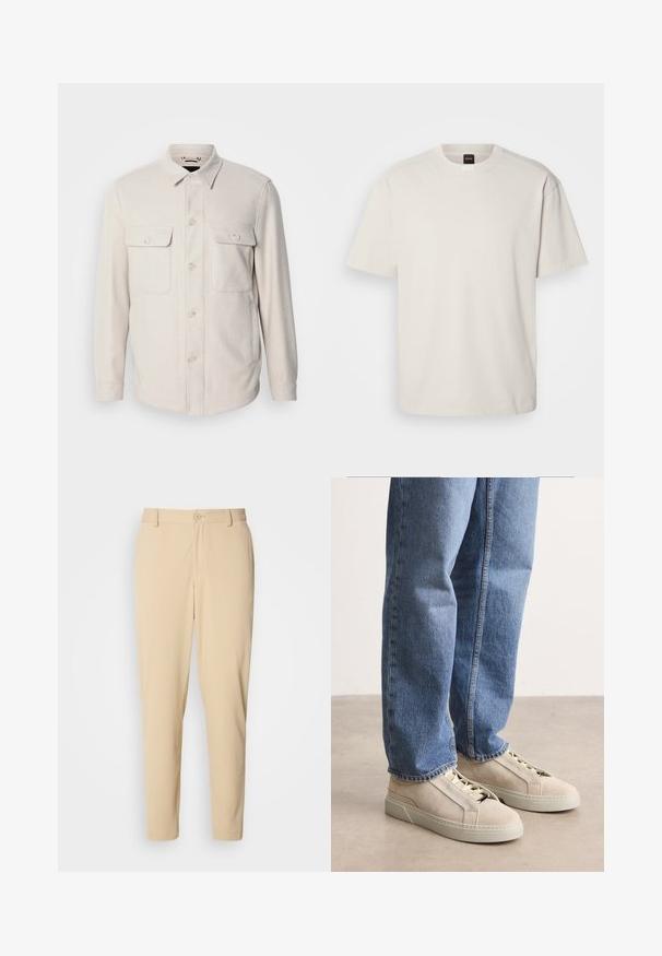Lys beige knap-op skjorte med lange ærmer, to brystlommer og krave, lavet af blødt stof med en subtil tekstur.; Kortærmet, crew-neck t-shirt i off-white bomuld med lige snit og minimal branding på kraven. Blød tekstur, uden mønstre.; Beige bukser med struktur i slim fit, med knaplukning foran, bæltestropper og sidelommer. Glat stoffinish.; BOSS GARYTENN_SDHDEL - Sneakers - natural ten