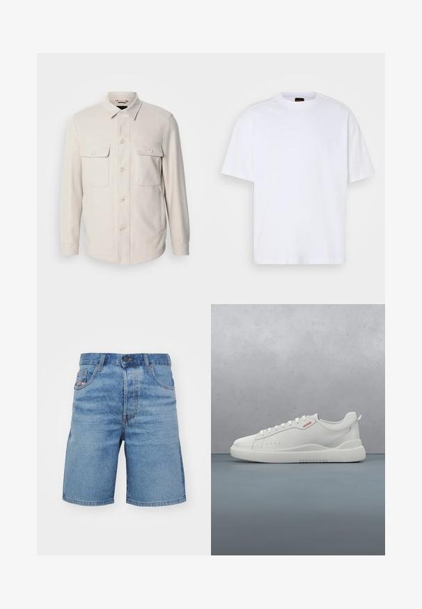 Kerge beež nööpidega särk pikade varrukatega, kaheteistkümne rinna taskuga ja kraega, valmistatud pehmest kangast, millel on peen tekstuur.; Valge puuvillane T-särk ümmarguse kaelusega, lühikeste varrukatega ja vabalt langeva lõikega. Omab tekstuuriga õmblusi õlgadel, et lisada detaili.; Heledad hallhitsuga teksad, kerge kulumisega, klassikalise lõikega, viie taskuga ning pronksitooni õmblustega. Ees asub nööbiga sulgemine.; Valged spordijalatsid siledast nahast, ümar varvas, neli silmaauku, kerged perforatsioonid ja punane logo külje peal.