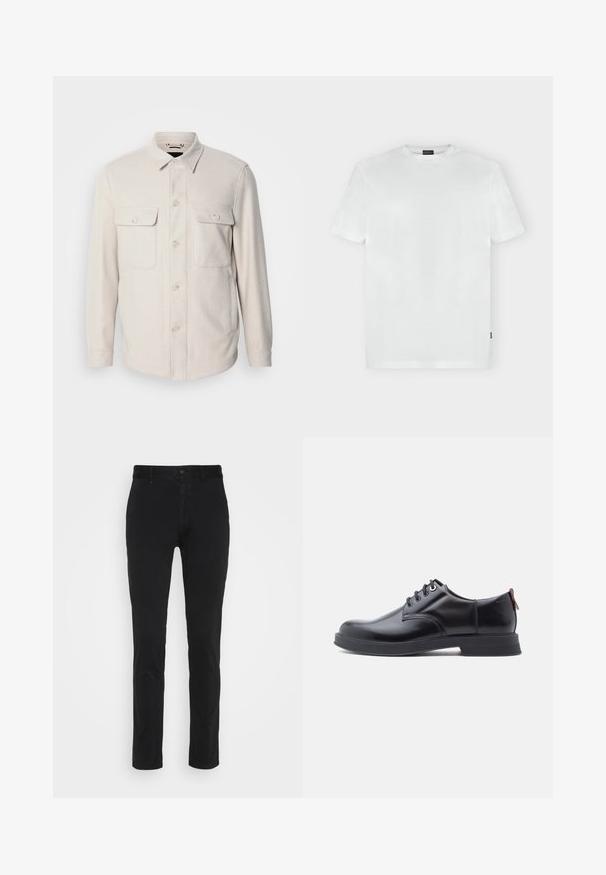 Lys beige knap-op skjorte med lange ærmer, to brystlommer og krave, lavet af blødt stof med en subtil tekstur.; Hvid T-shirt med korte ærmer og rund hals, med diskret logo på venstre bryst og en lille sort mærkat på venstre sidesøm.; Sorte bomulds chinos med slim fit, der har en standard talje, forlommer og en enkelt baglomme. Glat tekstur og minimal dekoration.; Sorte snørestøvler i læder med glat tekstur, rundet tå og diskrete syningsdetaljer. Har en rød trækflig på hælen.