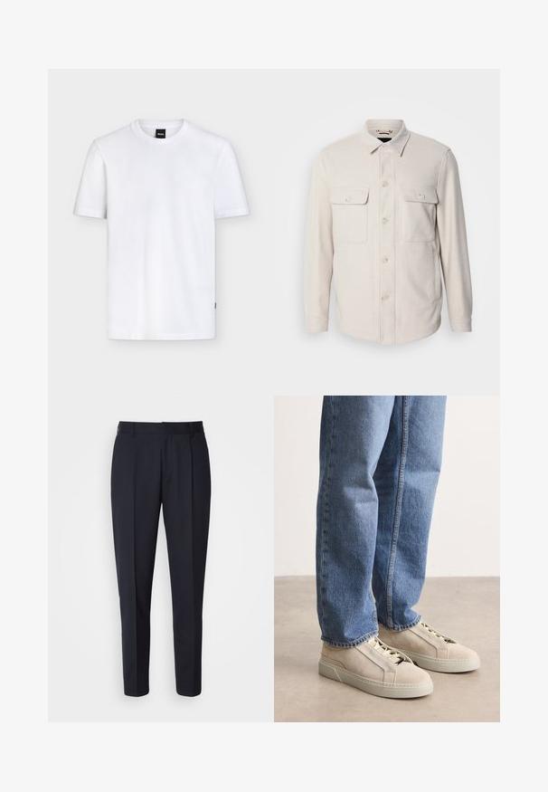 Lys beige knap-op skjorte med lange ærmer, to brystlommer og krave, lavet af blødt stof med en subtil tekstur.; Enkelt hvid T-shirt med korte ærmer og rund halsudskæring, med et lille sort mærke ved kraven og subtil tekstur i stoffet.; BOSS PERIN - Bukser - navy; BOSS GARYTENN_SDHDEL - Sneakers - natural ten